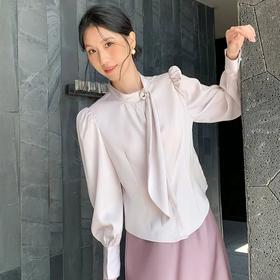 【自】全新升级【铂金会员174/天猫229/差价55】(10258) 洛诗琳法式飘带衬衫女2025春款新品修身显瘦泡泡袖百搭上衣