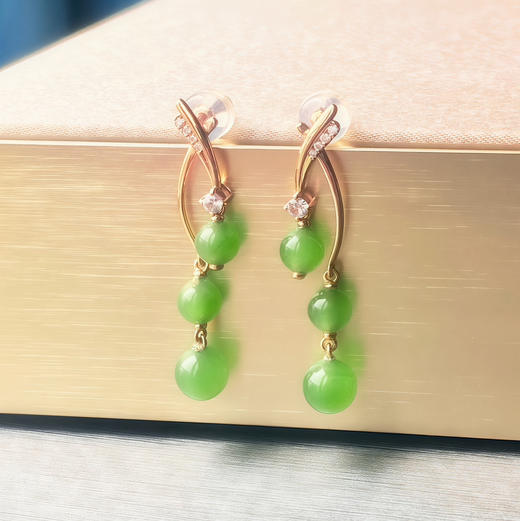 18K玫瑰金和田玉（碧玉）镶钻耳饰--逐春舒/圆珠4.5,5.5mm/总长32mm/苹果绿 商品图0