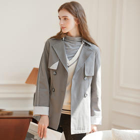famecoco范可儿短款时尚风衣女士秋天长袖拼接收腰全棉外套F225AV005