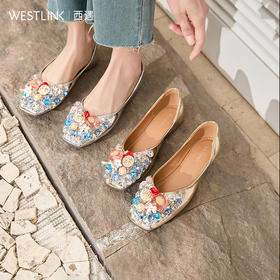 西遇浅口单鞋女新款仙女鞋法式绝美水钻配裙子金色平底鞋V0256270