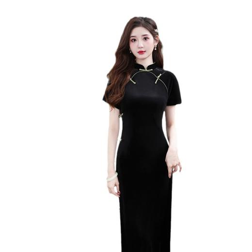 GX纯色金钻绒长款连袖旗袍2025春夏新款时尚改良新中式日常修身旗袍 商品图4