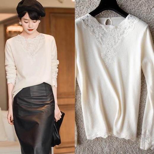 【春秋薄款，蕾丝拼接羊毛衫】新款蕾丝全羊毛针织衫，洋气亲肤透气，内搭显瘦长袖绣花羊毛衫QQ 商品图1