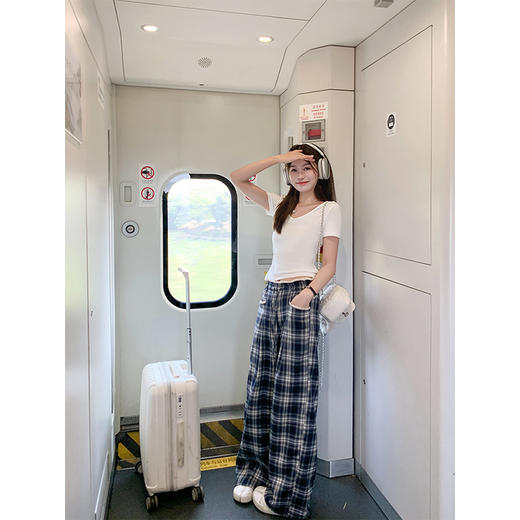 <曾小咸推荐>高腰显瘦抽绳蓝色格子宽松阔腿裤 商品图1