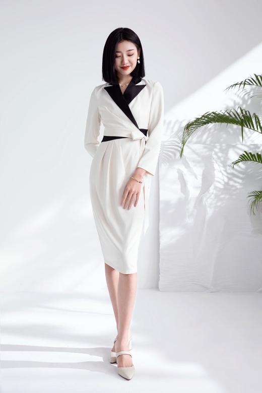 Le Malene 黑白拼接西装领系带连衣裙 15784 商品图4