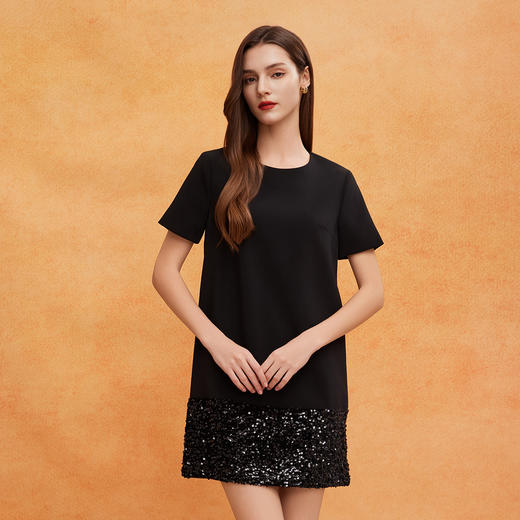 QE820斯尔丽2025春季新款宴会轻奢小礼服直身膝上显高拼接亮片连衣裙 商品图5