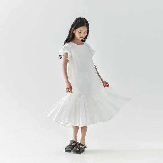 棵初2025年春夏新款女童小飞袖长款连衣裙全棉量感抽褶拼接A字裙 商品图4