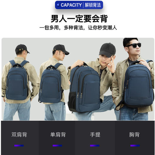 男士商务旅行运动双肩包  上班通勤电脑包户外出差背包大容量书包防水耐脏易打理防磨耐刮简约百搭 商品图11