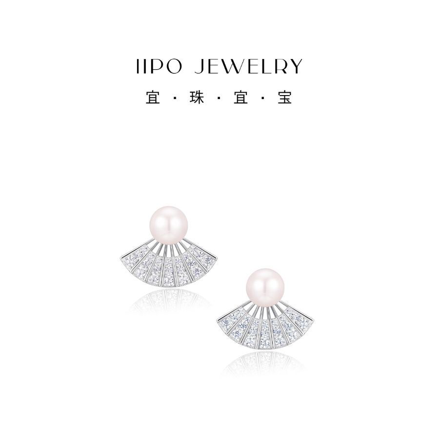 IIPO宜珠宜宝淡水珍珠国风扇子耳钉6-7mm(礼盒装)