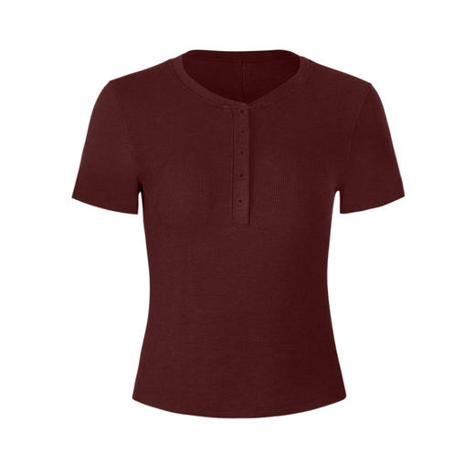 跃牌【倚窗听雨】系列 Athena lulu 美丽诺羊毛亨利衫女高弹裸感紧身瑜伽服短袖上衣T恤DA97 商品图1