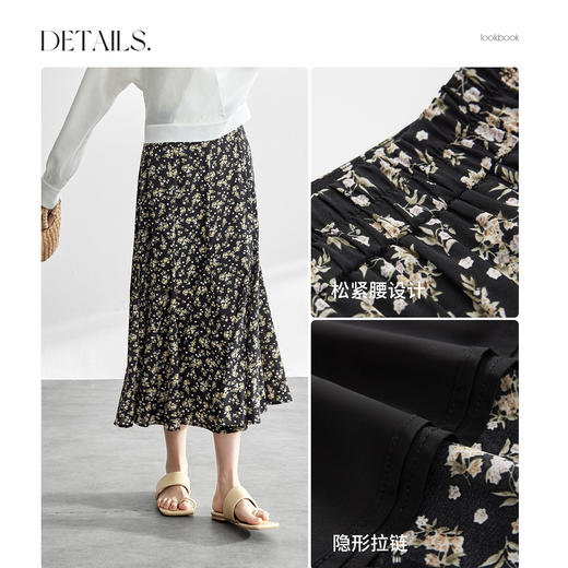 【尚都比拉】【浪漫别致】气质度假松紧腰飘逸垂感碎花中长款A字伞裙半身裙-151Q57921 商品图3