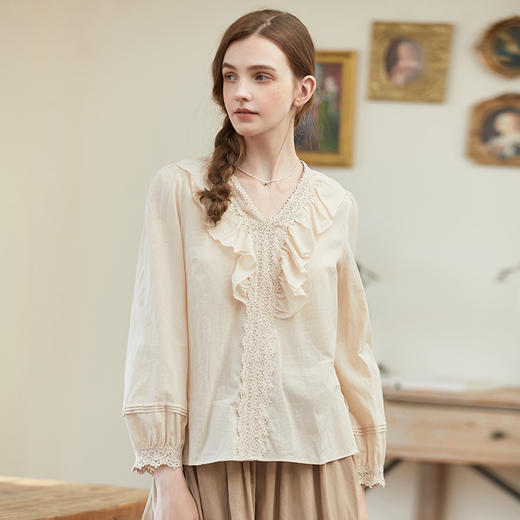 Famecoco范可儿荷叶边全棉文艺范衬衫女长袖套头衬衣F225BD003 商品图3