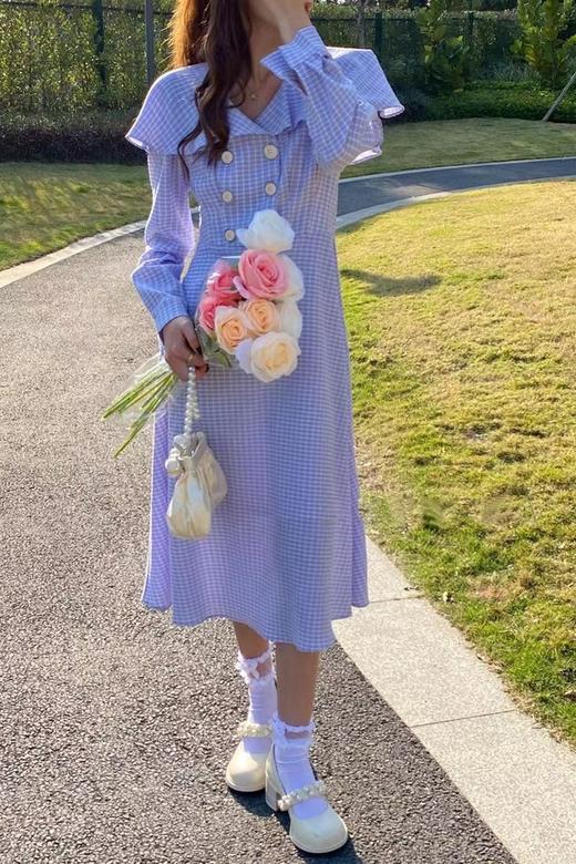 L.Fleuri 紫色娃娃领格纹连衣裙 15874 商品图0