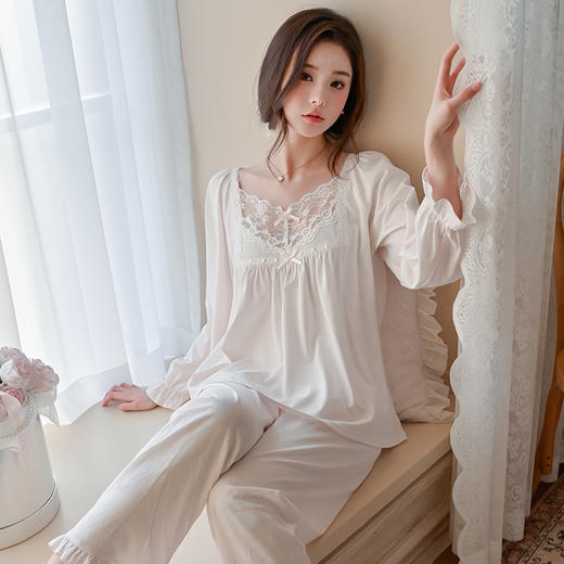 【纯手工定制，法式高级宫廷睡衣套装】超丝滑给肌肤温柔的抚慰，针织纯棉面料，亲肤柔软，透气舒适，甜美宫廷风家居服纯棉长袖长裤可外穿套装QQ 商品图1