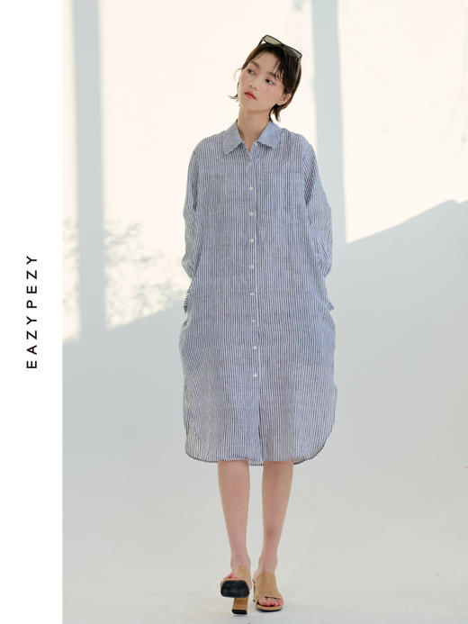 亚麻经典条纹衬衫裙 商品图0