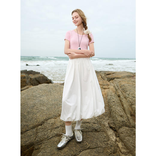 三彩2025春季新款花苞半身裙松紧腰A字裙显瘦长裙简约M 商品图3