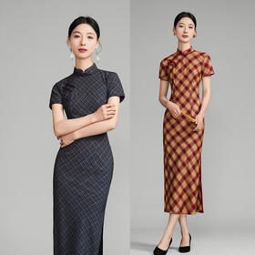 GX复古国风长款梭织格子短袖旗袍2025春夏新款老上海文艺旗袍