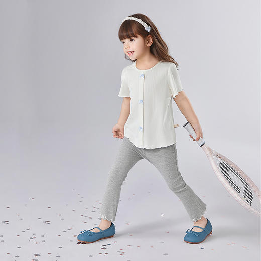 笛莎Deesha 童装女童裤子2025夏新款女童蝴蝶结绣花微喇打底裤 商品图2