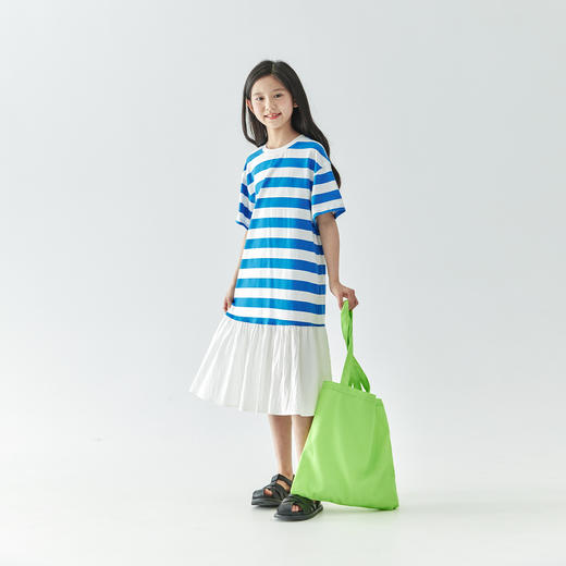 棵初25年春夏新款童装经典条纹T恤撞色连衣裙亲子装廓形拼接长裙 商品图1