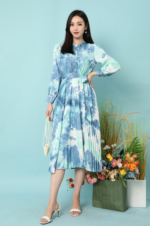Le Malene 艺术扎染衬衫领腰带百褶连衣裙 15776 商品图4
