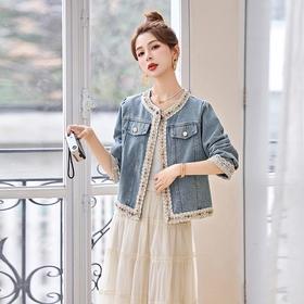 超好看小香风短款上衣，蕾丝拼接洋气牛仔外套HR-LJNA1315