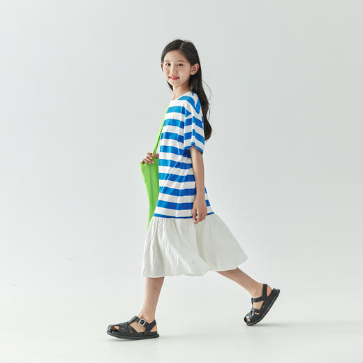 棵初25年春夏新款童装经典条纹T恤撞色连衣裙亲子装廓形拼接长裙 商品图2