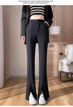 【春上新】憬J ·女神裤黑色开叉微喇叭裤16198-喜出