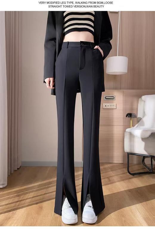 【春上新】憬J ·女神裤黑色开叉微喇叭裤16198-喜出 商品图0