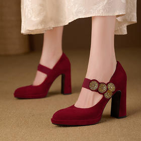 【预售5天】法式复古里外皮玛丽珍鞋时尚花朵一字扣粗跟高跟鞋NWS1&A9476