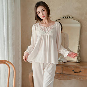 【纯手工定制，法式高级宫廷睡衣套装】超丝滑给肌肤温柔的抚慰，针织纯棉面料，亲肤柔软，透气舒适，甜美宫廷风家居服纯棉长袖长裤可外穿套装QQ