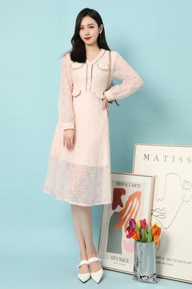 Le Malene 裸粉色蕾丝口袋饰连衣裙 15644