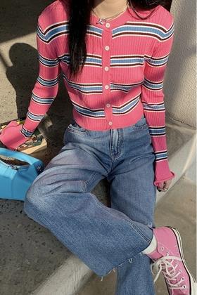 LNNNS 条纹撞色喇叭袖针织开衫 15817