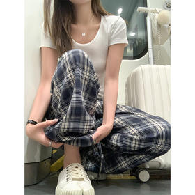 <曾小咸推荐>高腰显瘦抽绳蓝色格子宽松阔腿裤