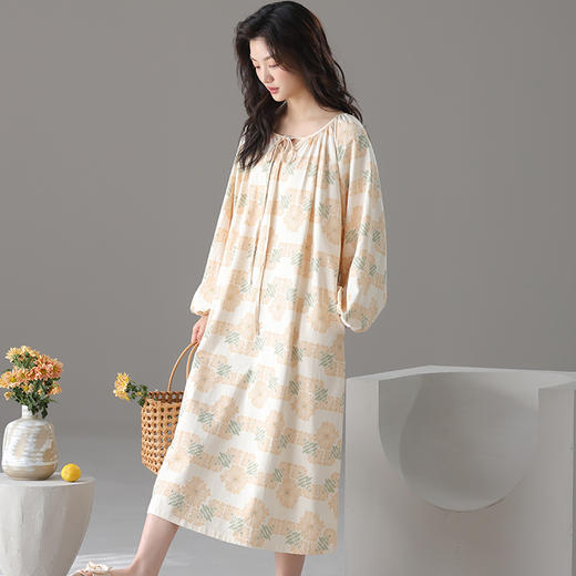 红腾 马卡龙印花家居服系列 优雅女士长袖睡裙 舒适柔软 设计长裙款 商品图7