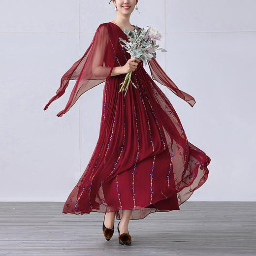 【林栖设计小店】桑蚕丝连衣裙优雅绣花淡水珍珠2025春夏新品花仙子长裙女1952105 商品图0