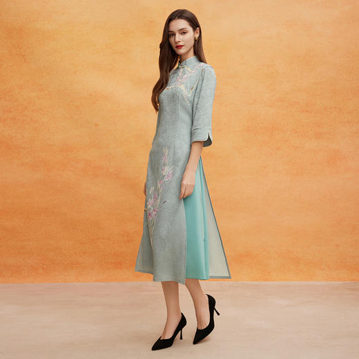 QE805斯尔丽2025春季新款改良奥黛旗收腰A摆显瘦提花印花气质优雅旗袍 商品图4