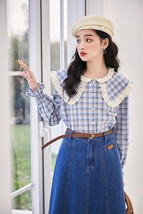 Stay2Weeks 格纹蕾丝翻领上衣 15575