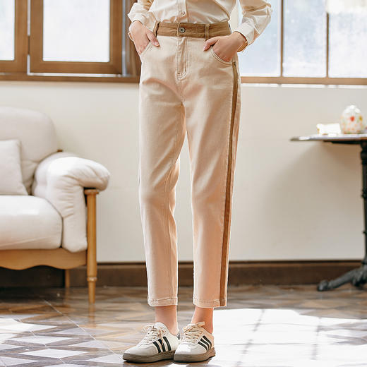 Famecoco范可儿原创女士撞色明线休闲裤秋款直筒小脚长款裤子F225GA015 商品图3