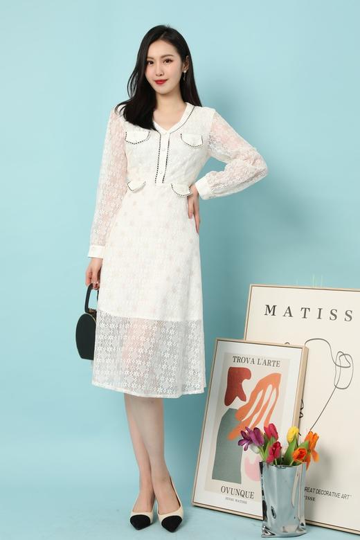 Le Malene V领白色蕾丝优雅连衣裙 15646 商品图3