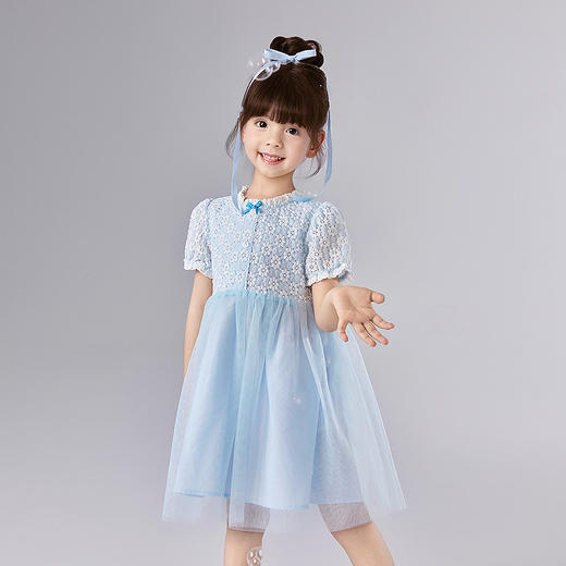 笛莎Deesha 童装女童连衣裙2025夏新款女童蓝色小花弹力皱皱布A字纱裙 商品图1