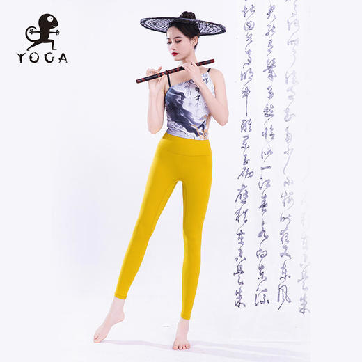 【现货秒发】壁虎瑜伽【墨染江山-上衣云感裤-黄色】美背亲肤印花两件套（可拆卸胸垫） 商品图0