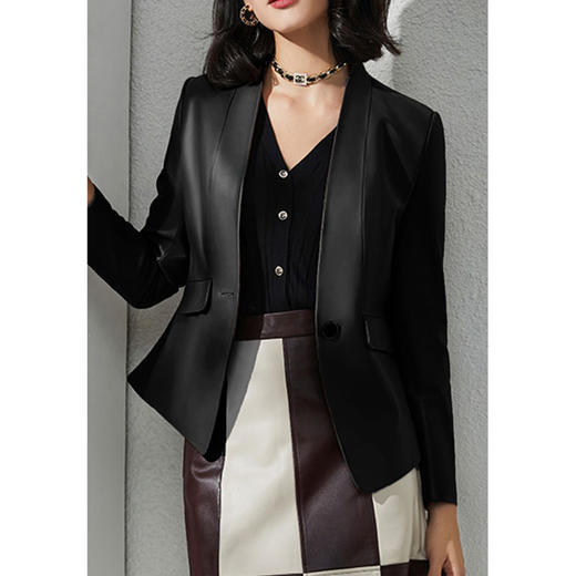 丁摩 绵羊皮真皮皮衣V领修身一粒扣真皮外套SG22026 商品图4