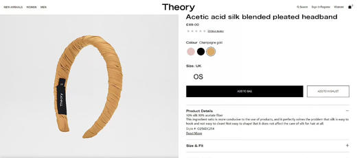 原单正品Theory醋酸真丝混纺发箍女款皱褶头箍高颅顶发卡百搭，成份：10%真丝  90%醋酸纤维
三个色，原价69欧
拆盒无质量问题不退换 商品图4