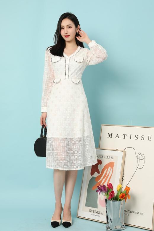 Le Malene V领白色蕾丝优雅连衣裙 15646 商品图1