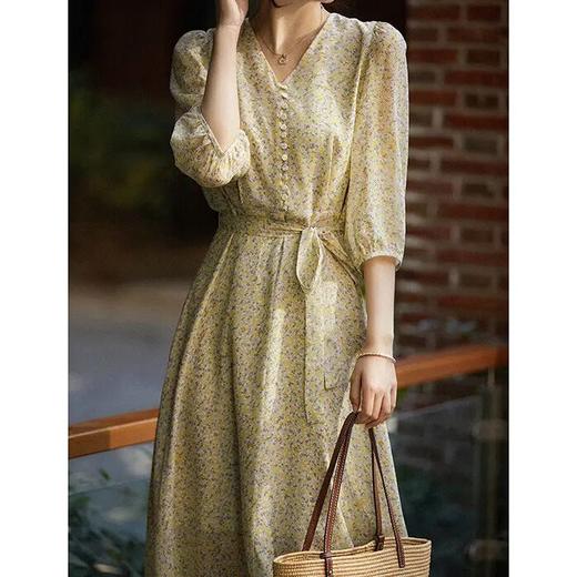 【高货ayts】全新升级【铂金会员431/天猫579/差价148】(12153) 洛诗琳25春季桔梗裙中长款飘带收腰桑蚕丝碎花连衣裙 商品图1