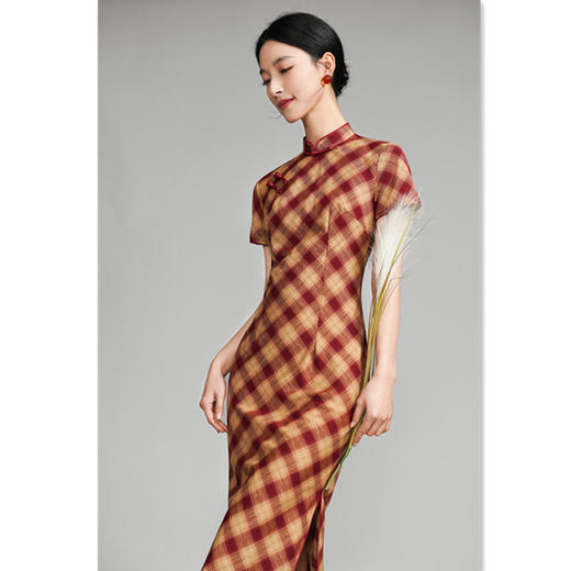 GX复古国风长款梭织格子短袖旗袍2025春夏新款老上海文艺旗袍 商品图3