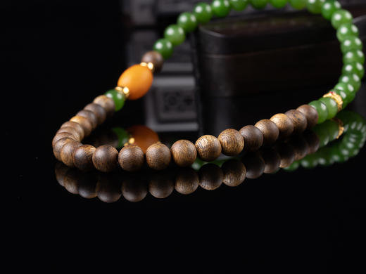XY0087原创沉香diy碧玉蜜蜡圆珠双圈手串18K金 商品图7