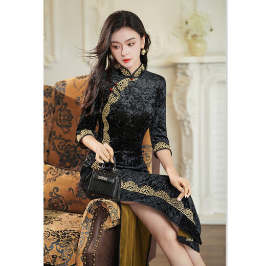 GX老上海复古中国风旗袍2025春新款长款花边黑色旗袍 商品图3