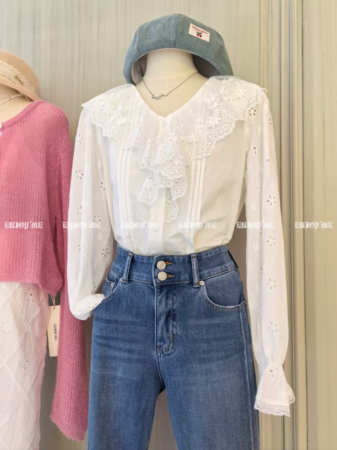 【门店同款】ENJOY春季绮梦繁花网纱花边领衬衫 161850874