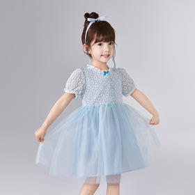 笛莎Deesha 童装女童连衣裙2025夏新款女童蓝色小花弹力皱皱布A字纱裙