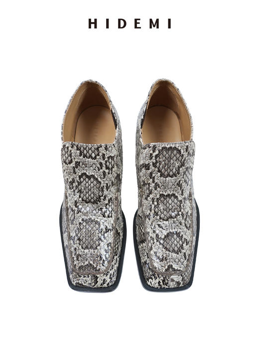 HIDEMI 进口顶级甄选蟒蛇皮极简方头都市设计感粗跟中跟皮鞋 商品图12